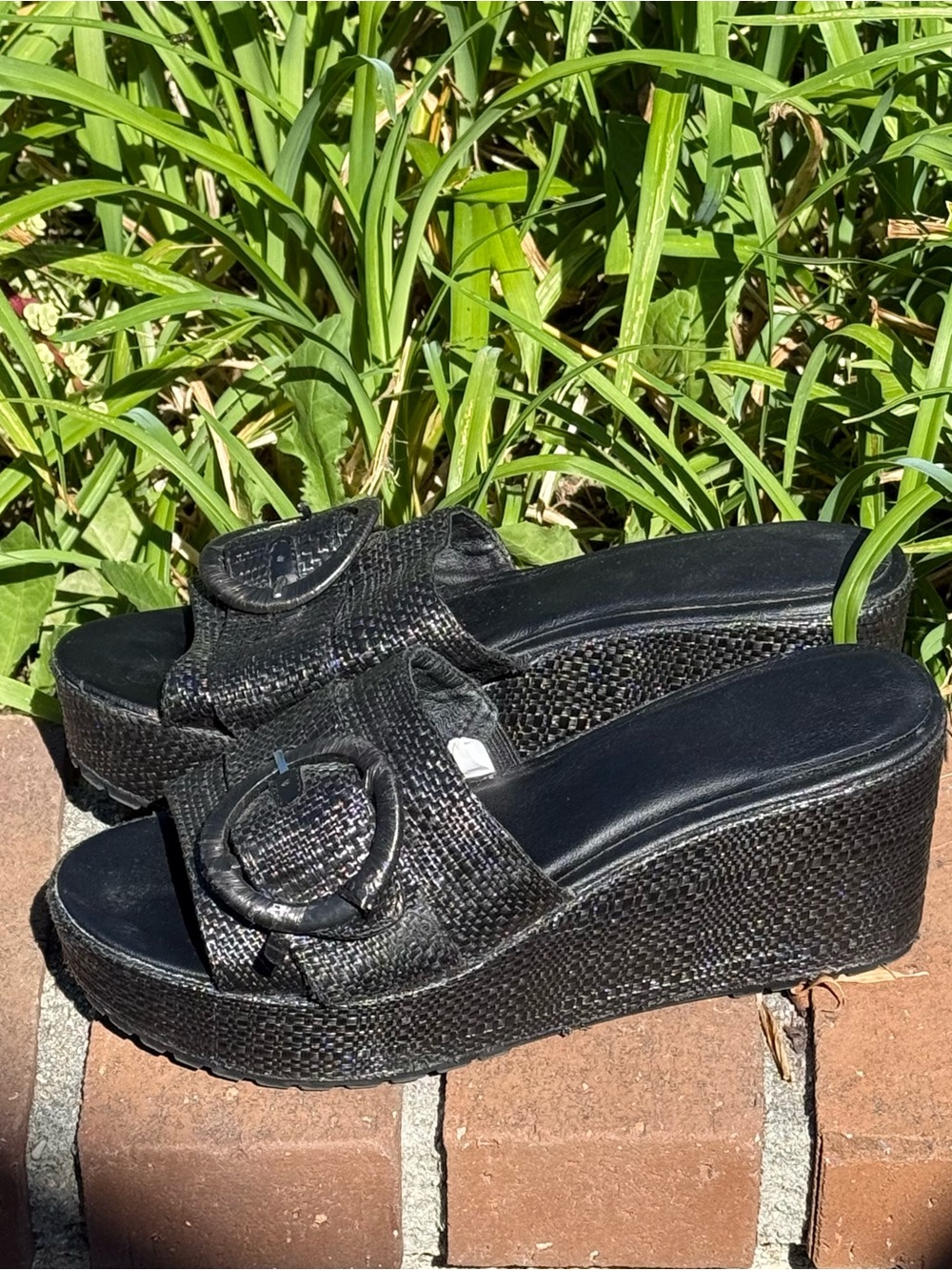 Universal Thread Black Woven Platform Wedge Slides
